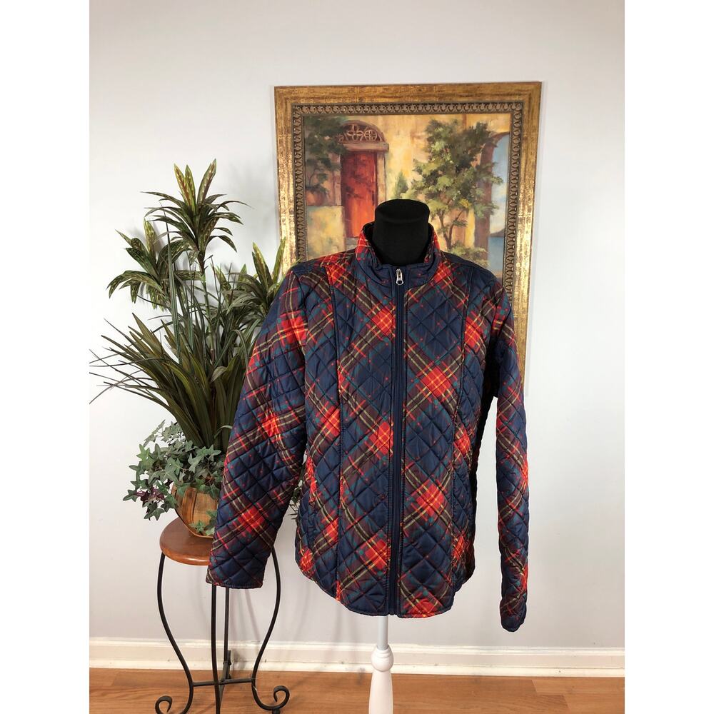 Kim Rogers Women Size L Quilted Puffer Jacket plaid Full‎ Zipper Front Crew Neck